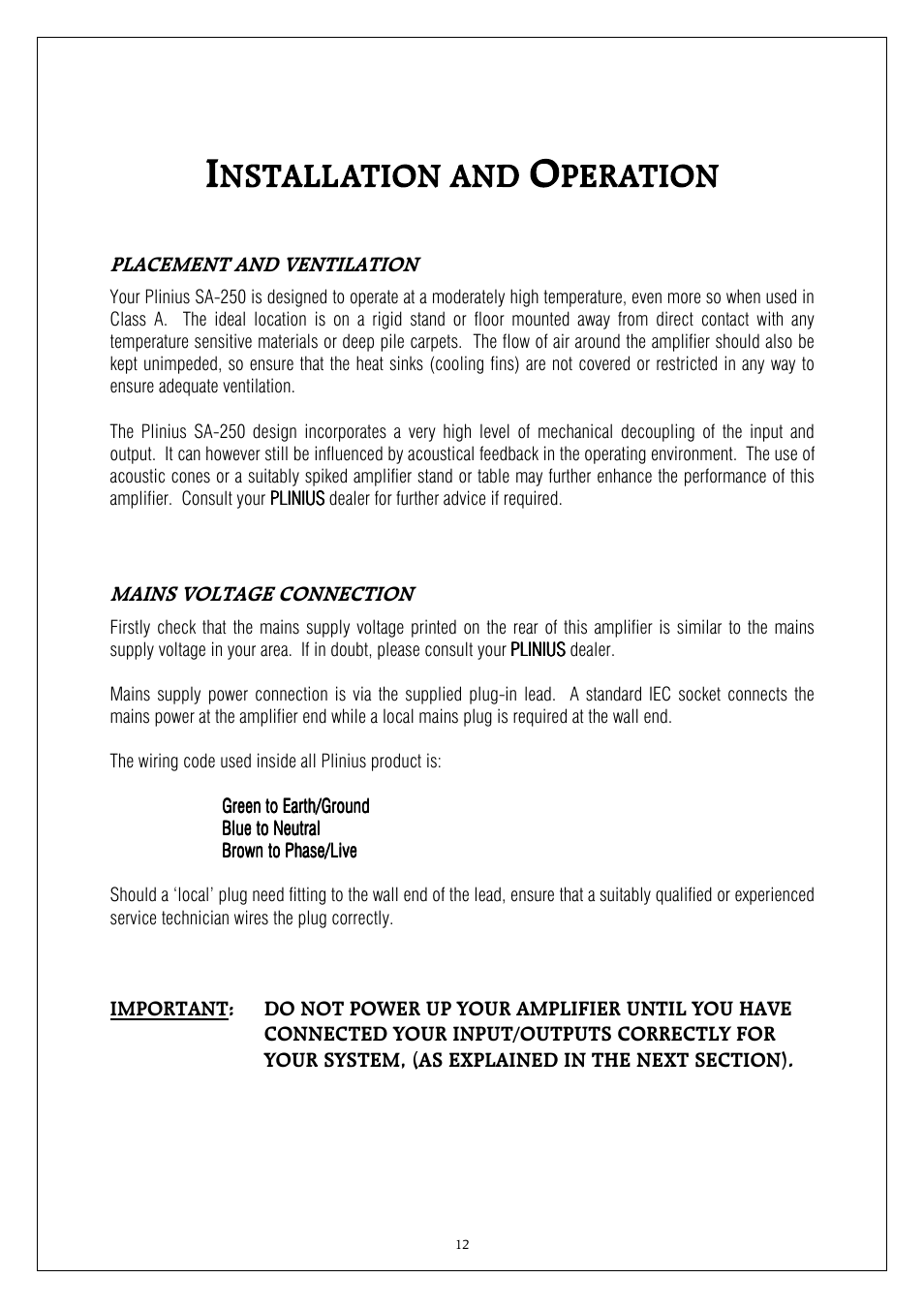 Placement and ventilation, Mains voltage connection | Plinius Audio SA-250 User Manual | Page 12 / 23