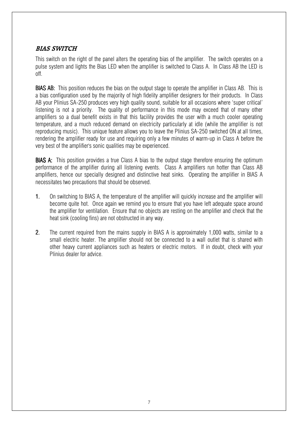 Bias switch | Plinius Audio SA-250 User Manual | Page 7 / 23