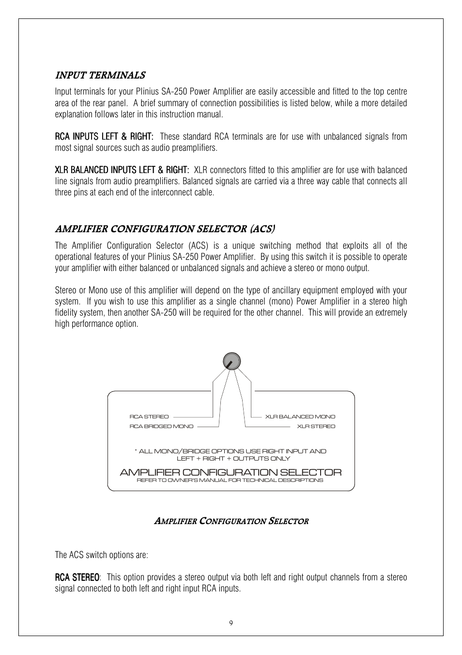 Input terminals, Amplifier configuration selector (acs) | Plinius Audio SA-250 User Manual | Page 9 / 23