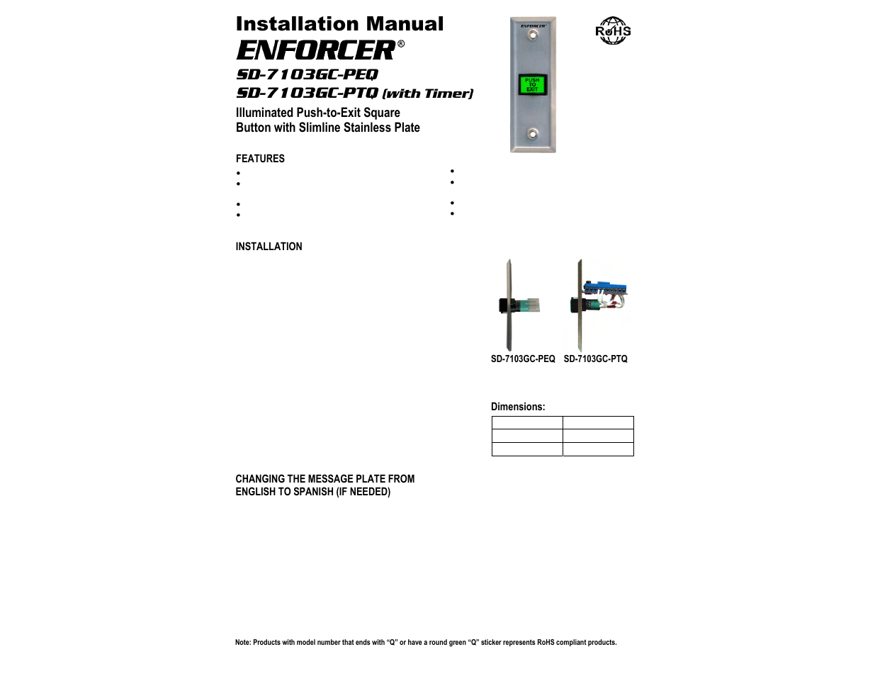 PLH Products Enforcer SD-7103GC-PTQ User Manual | 2 pages