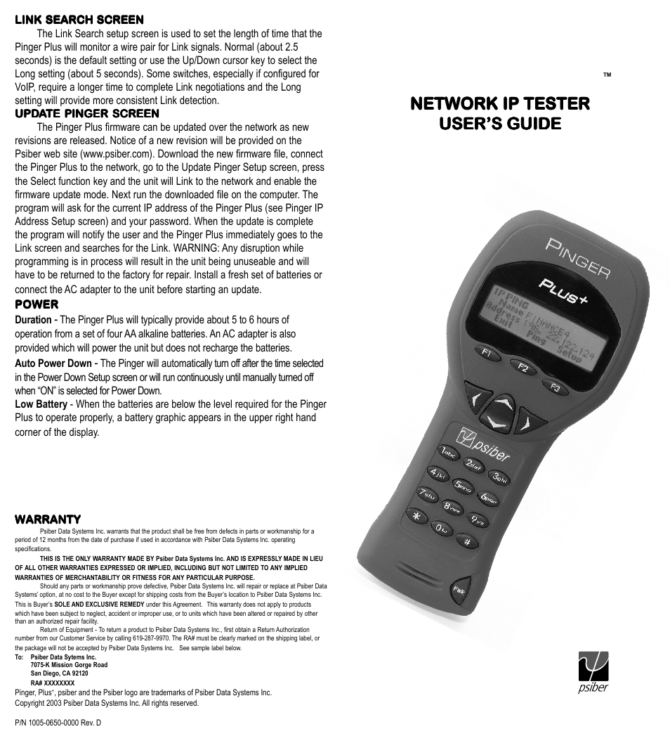 Psiber Data Systems PINGER User Manual | 4 pages