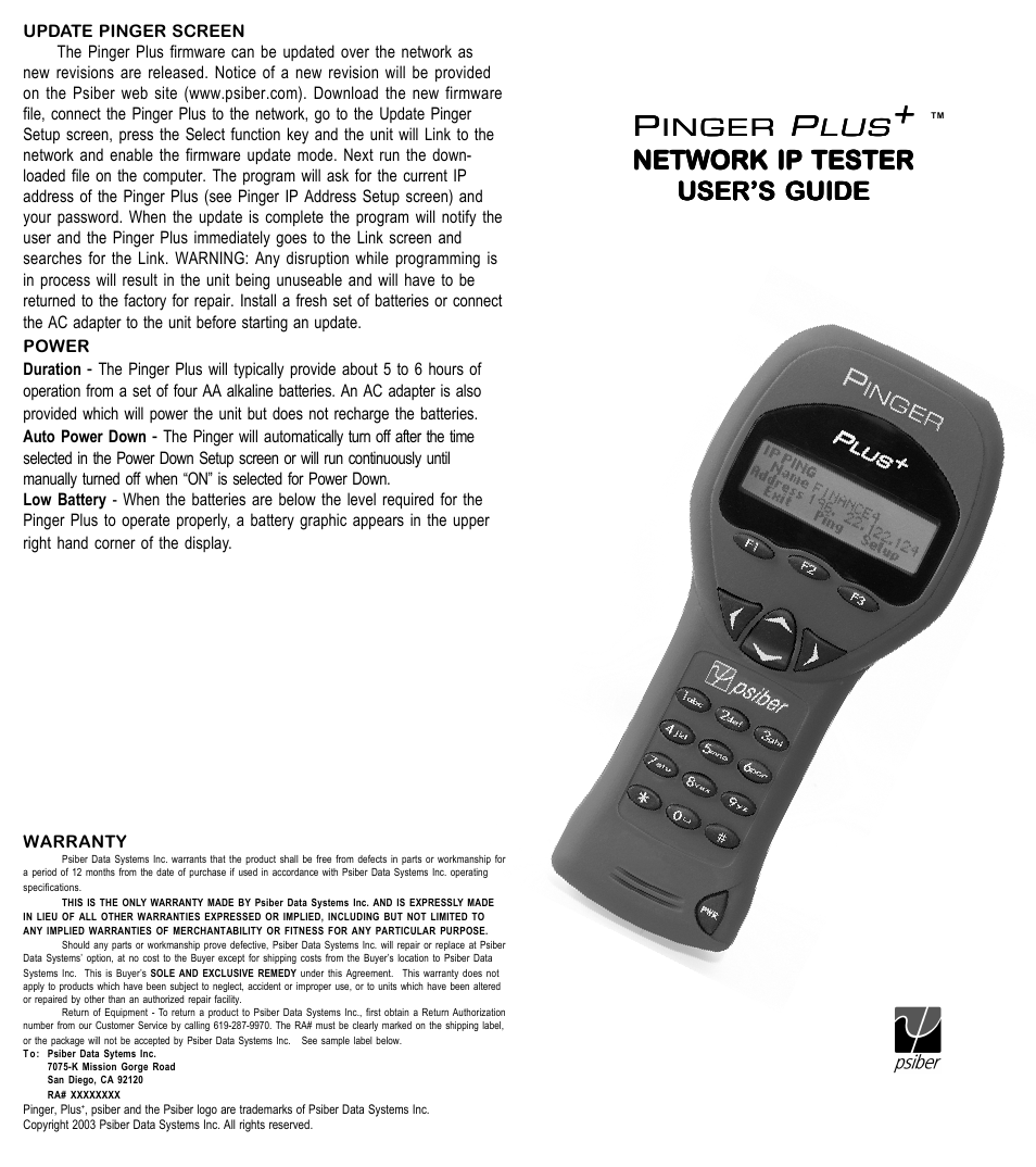 Psiber Data Systems Pinger Plus Network IP Tester User Manual | 4 pages