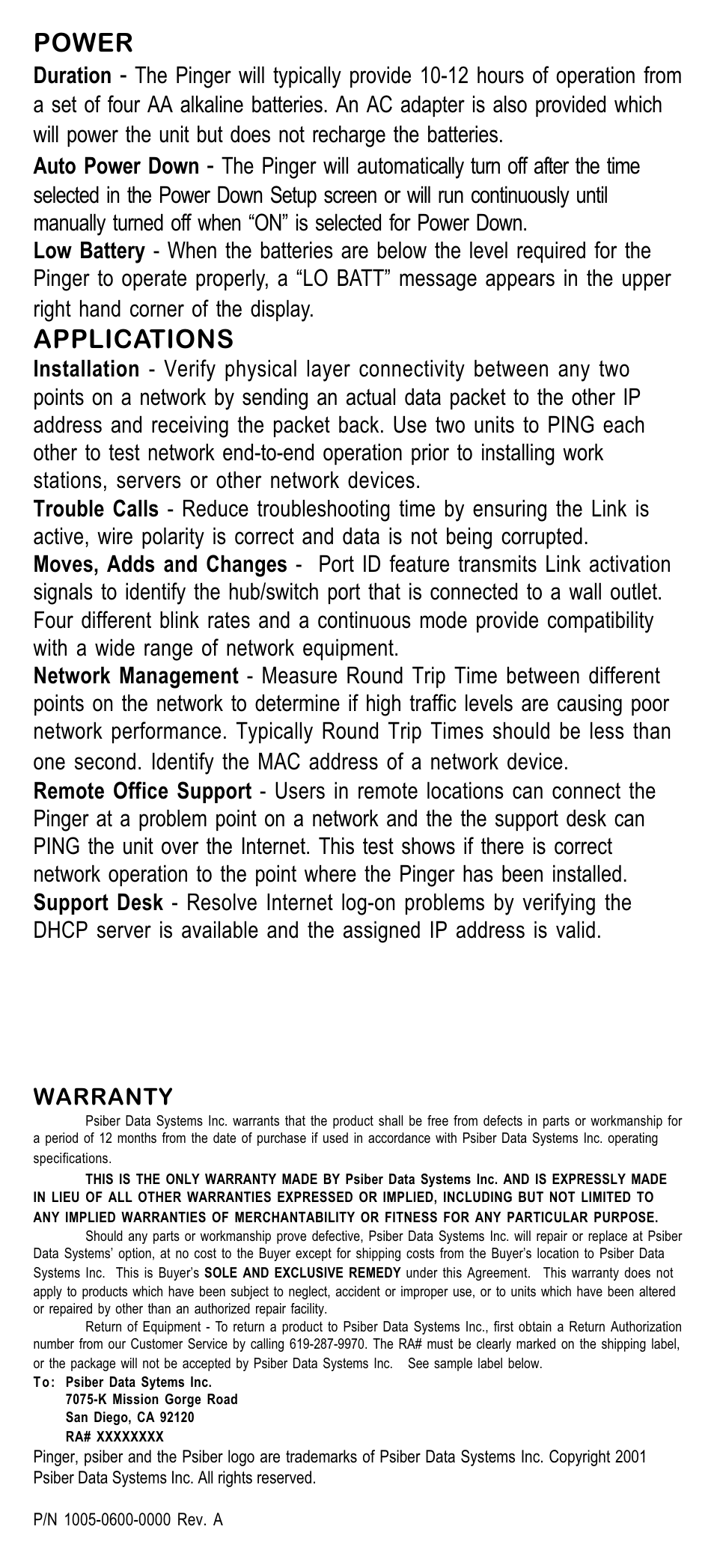 Power, Applications | Psiber Data Systems NETWORK IP TESTER User Manual | Page 8 / 9