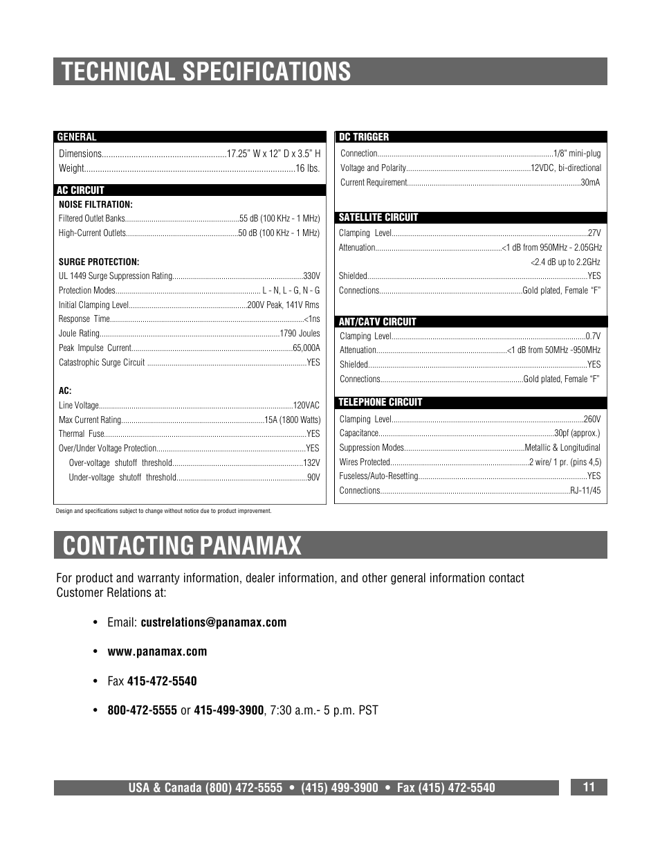 Specs, Technical specifications, Contacting panamax | Panamax MAX 5300 User Manual | Page 13 / 16