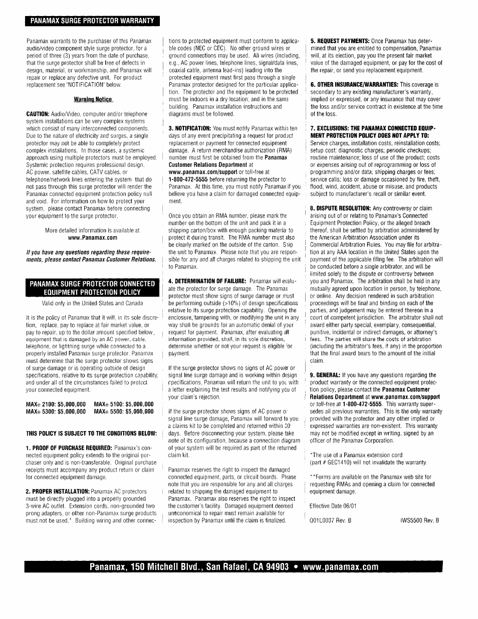 Warranty info | Panamax MAX 5300 User Manual | Page 16 / 16