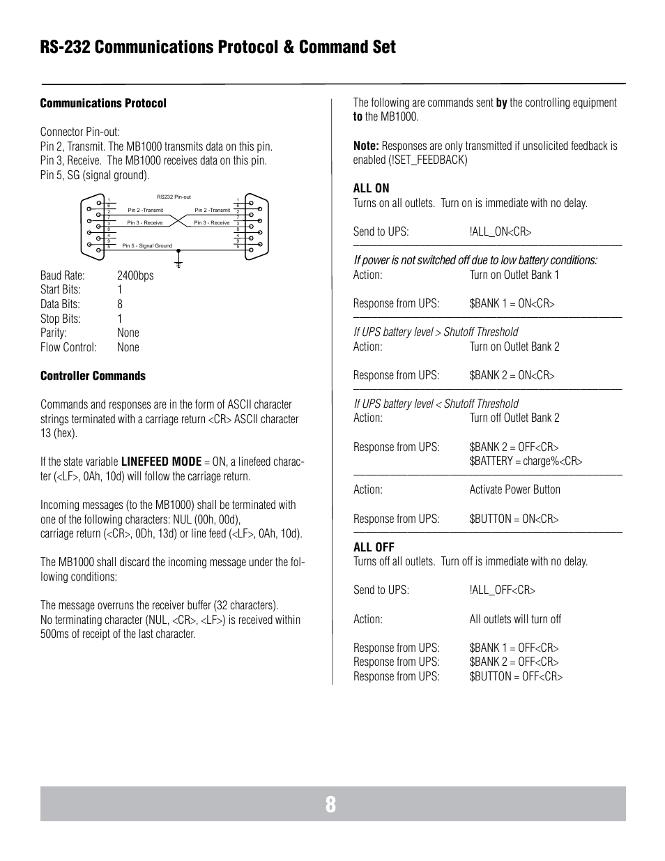 Rs-232 communications protocol & command set | Panamax BANKS WIRING MB1000 User Manual | Page 10 / 45