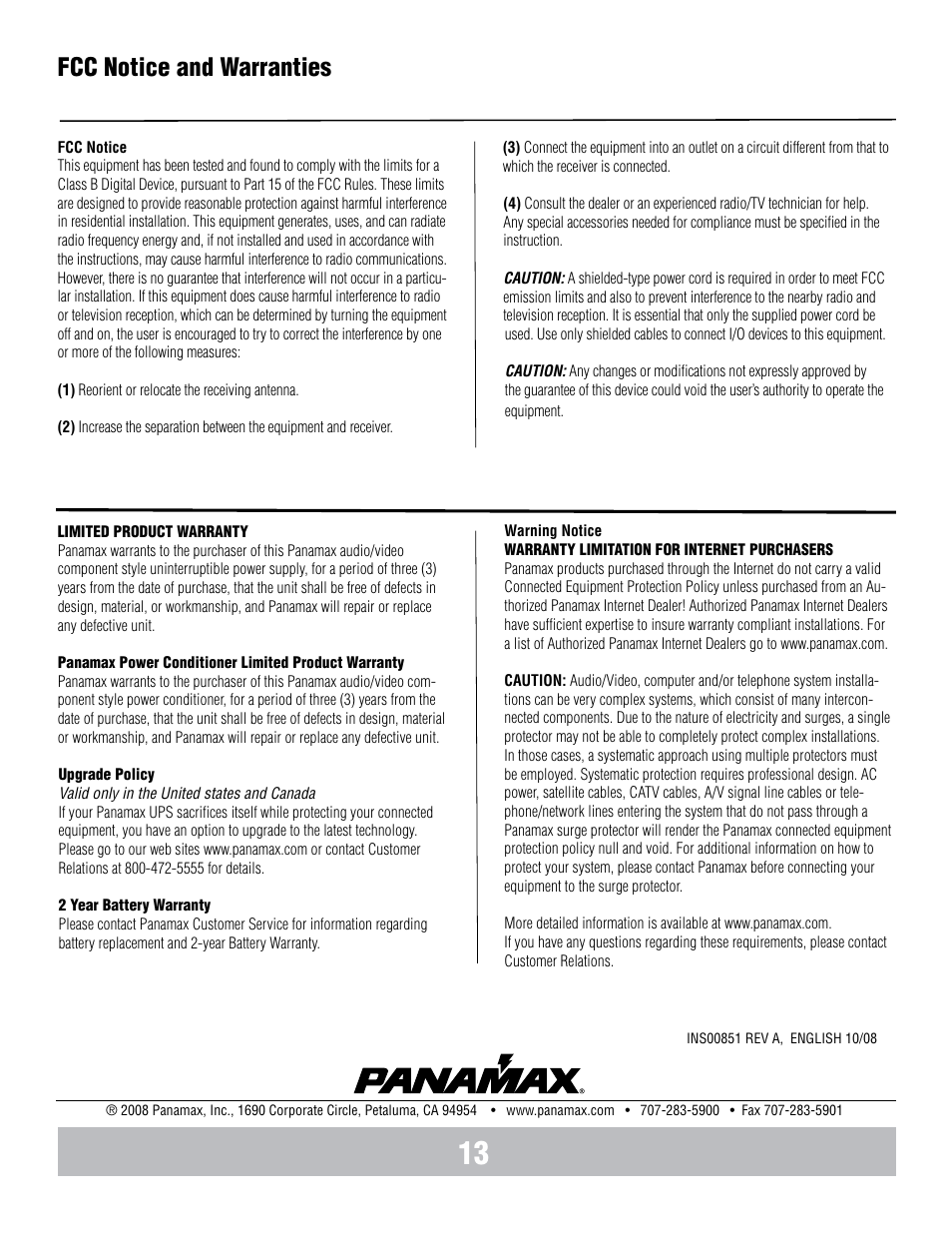 Fcc notice and warranties | Panamax BANKS WIRING MB1000 User Manual | Page 15 / 45