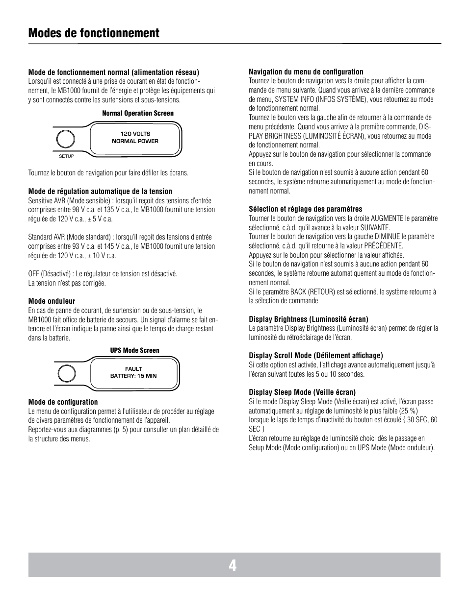 Modes de fonctionnement | Panamax BANKS WIRING MB1000 User Manual | Page 21 / 45