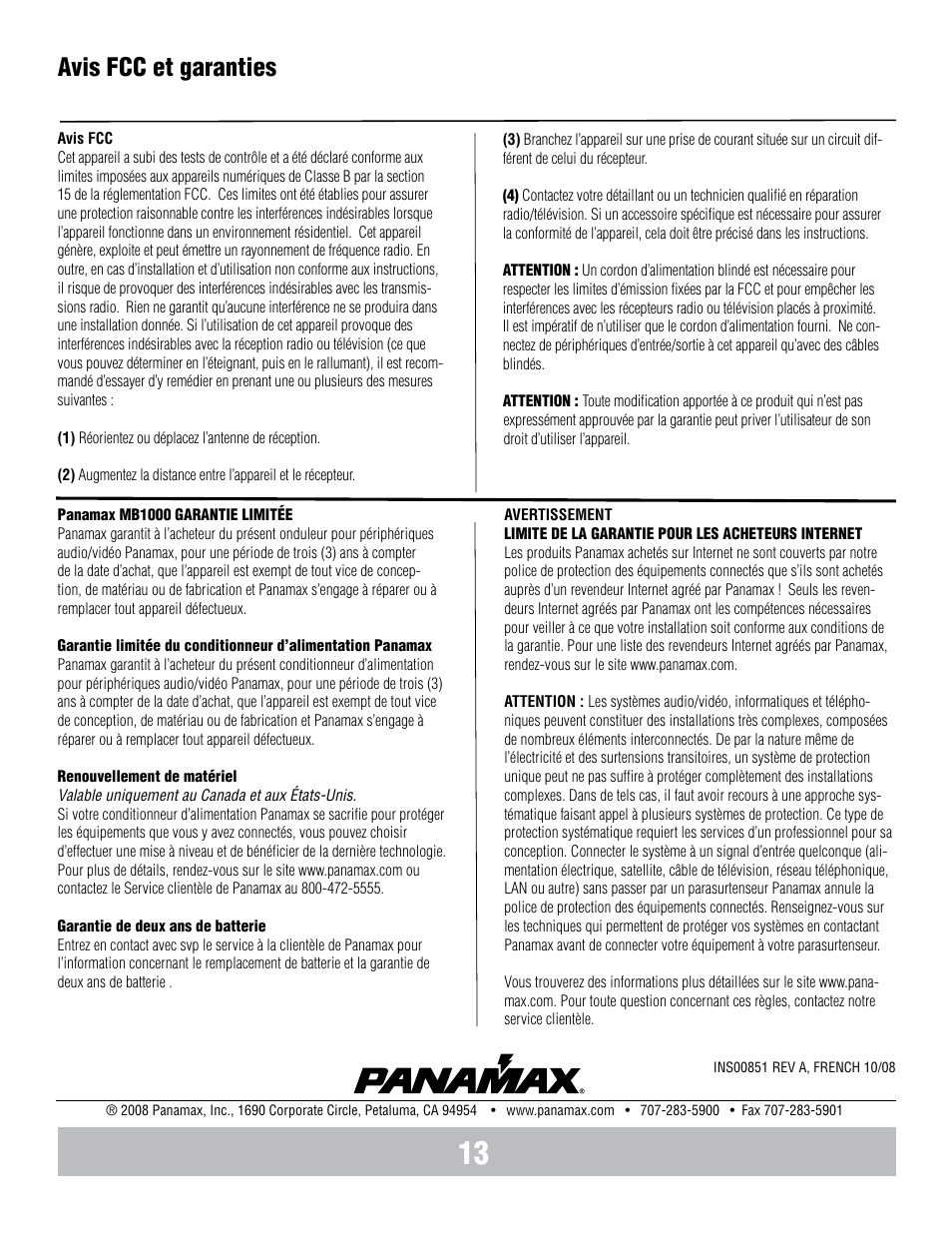 Avis fcc et garanties | Panamax BANKS WIRING MB1000 User Manual | Page 30 / 45