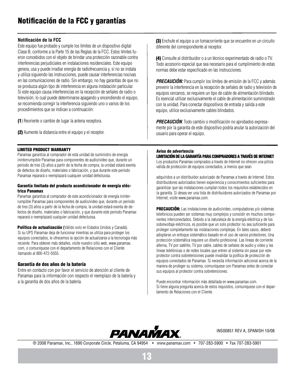 Notificación de la fcc y garantías | Panamax BANKS WIRING MB1000 User Manual | Page 45 / 45