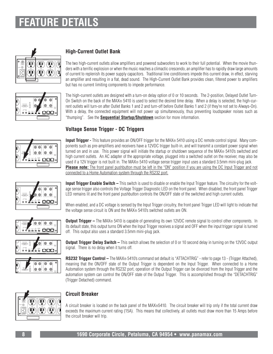 Feature details, Circuit breaker, High-current outlet bank | Voltage sense trigger - dc triggers, Engineered in the usa assembled in china | Panamax MAX 5410 User Manual | Page 10 / 15