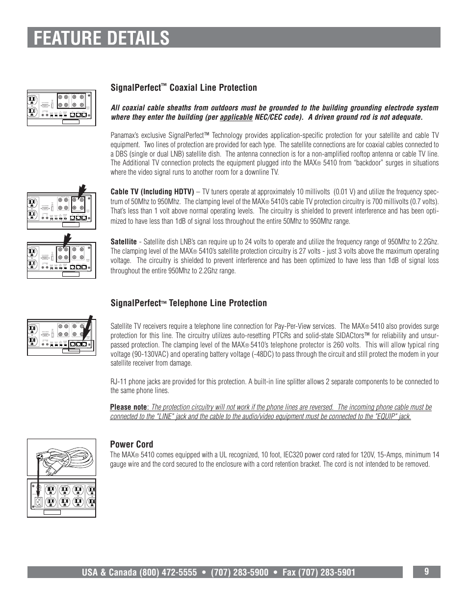 Feature details, Signalperfect, Coaxial line protection | Telephone line protection, Power cord, The max | Panamax MAX 5410 User Manual | Page 11 / 15