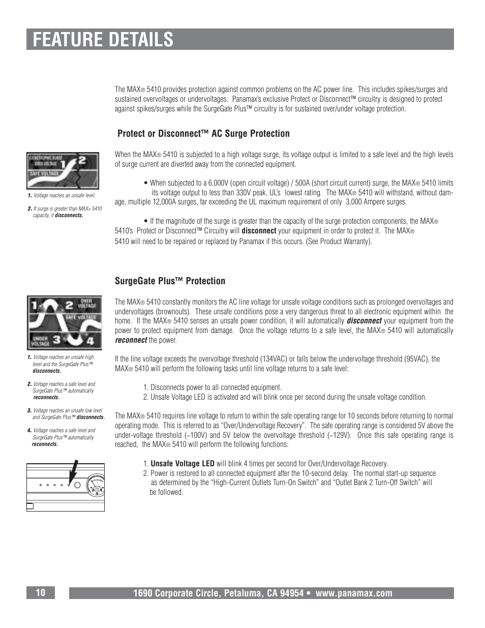 Feature details, Protect or disconnect™ ac surge protection, Surgegate plus™ protection | Panamax MAX 5410 User Manual | Page 12 / 15