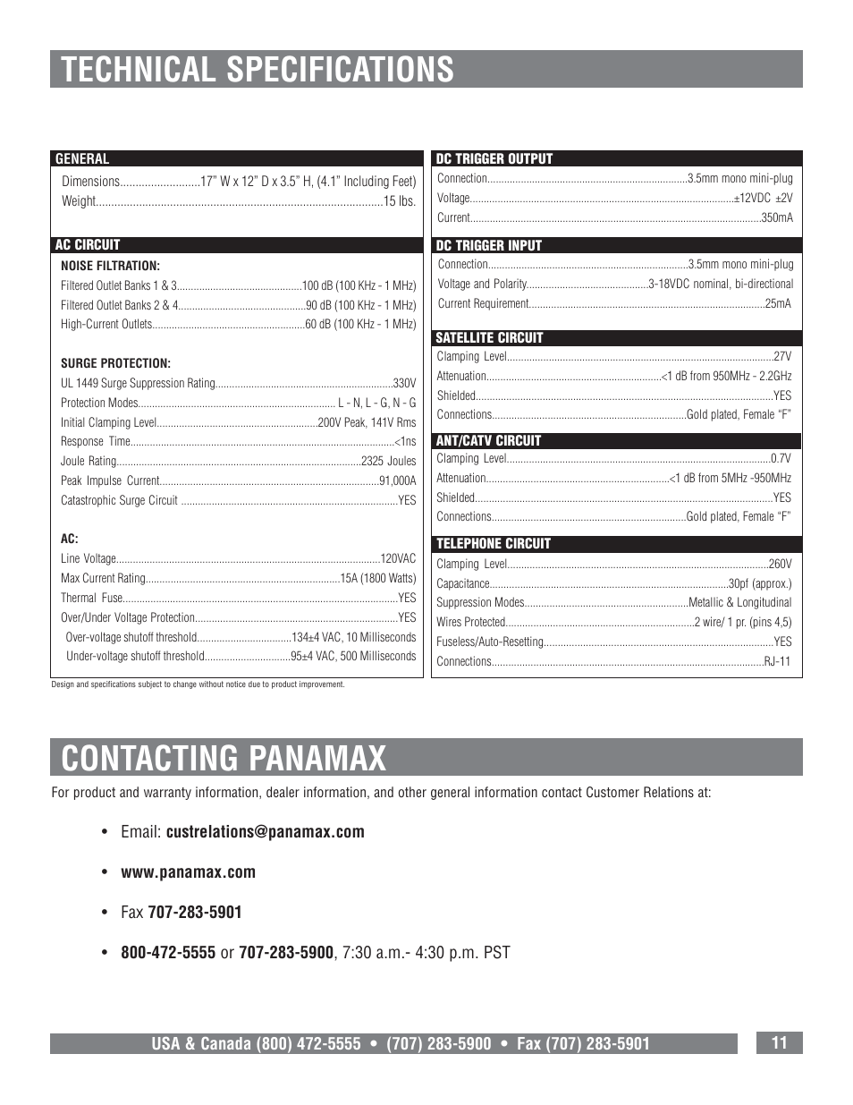 Technical specifications, Contacting panamax | Panamax MAX 5410 User Manual | Page 13 / 15