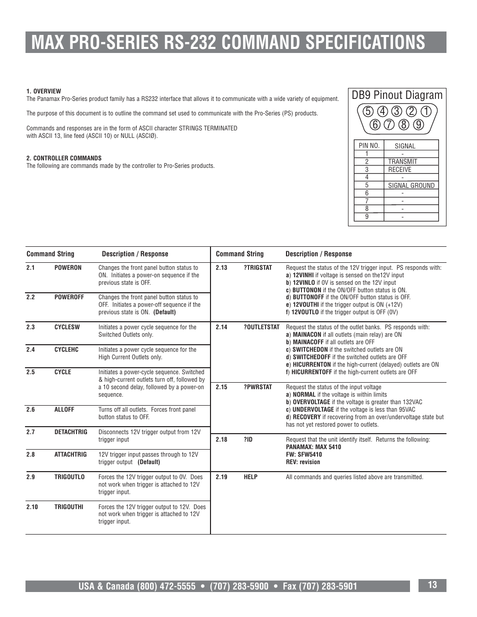 Max pro-series rs-232 command specifications, Db9 pinout diagram | Panamax MAX 5410 User Manual | Page 15 / 15