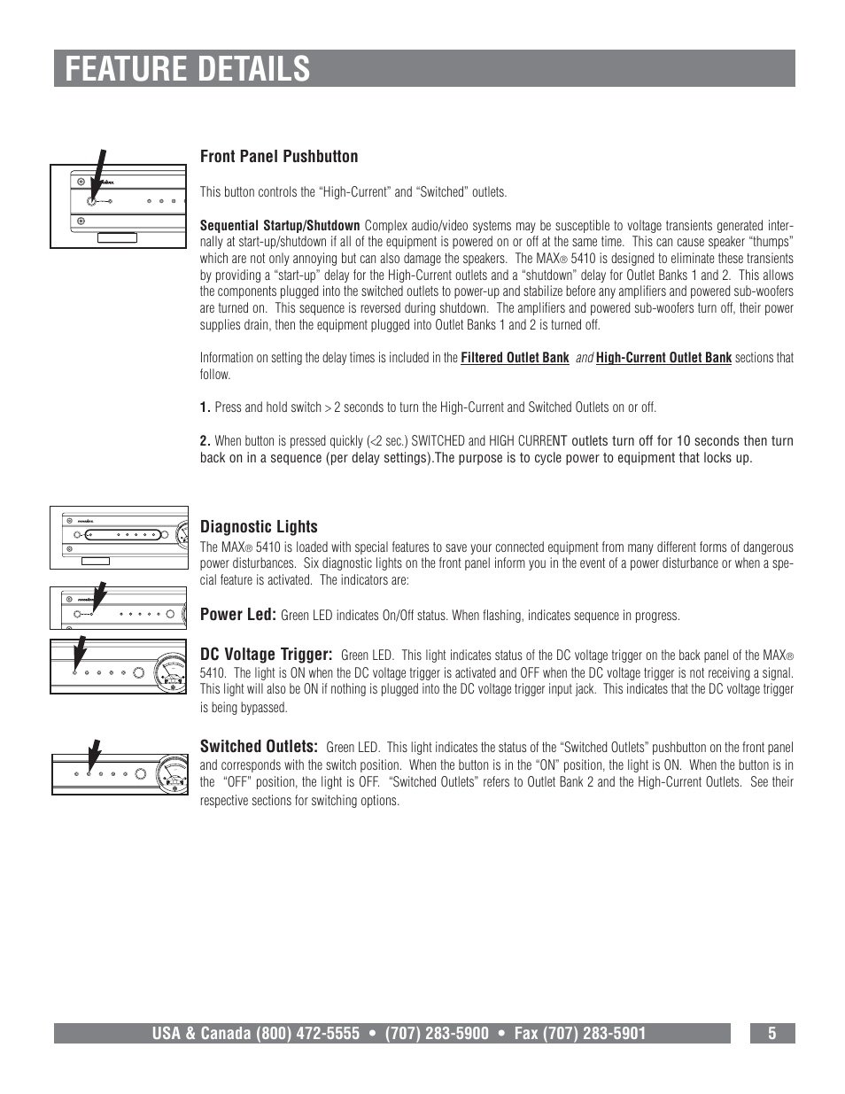 Feature details, Diagnostic lights, Power led | Dc voltage trigger, Switched outlets | Panamax MAX 5410 User Manual | Page 7 / 15