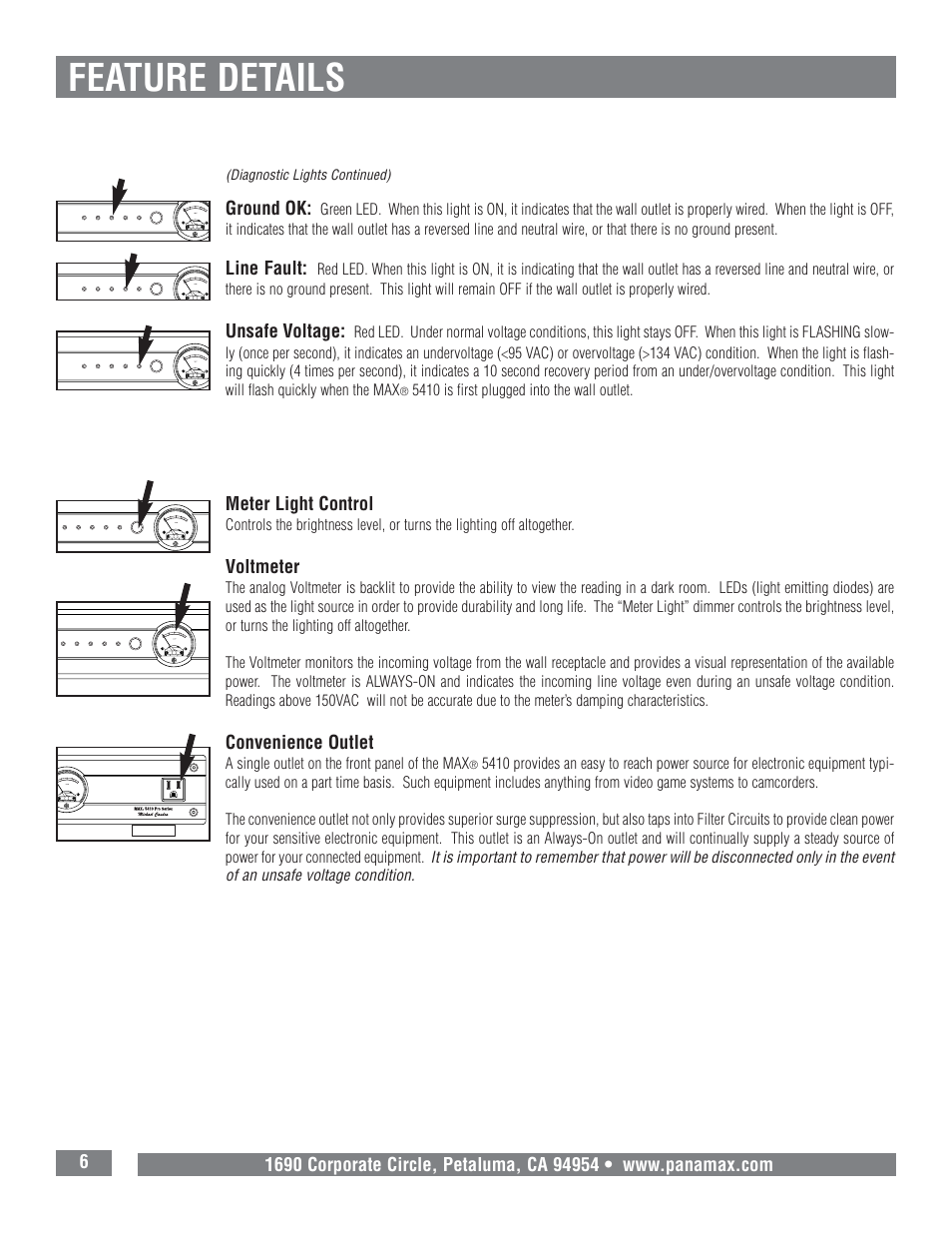 Feature details, 6ground ok, Line fault | Unsafe voltage, Meter light control, Voltmeter, Convenience outlet | Panamax MAX 5410 User Manual | Page 8 / 15