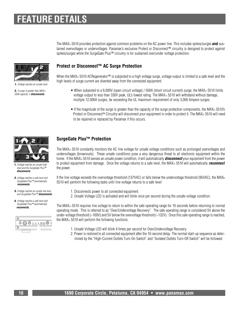 Feature details, Protect or disconnect™ ac surge protection, Surgegate plus™ protection | Panamax MAX 5510 User Manual | Page 12 / 15