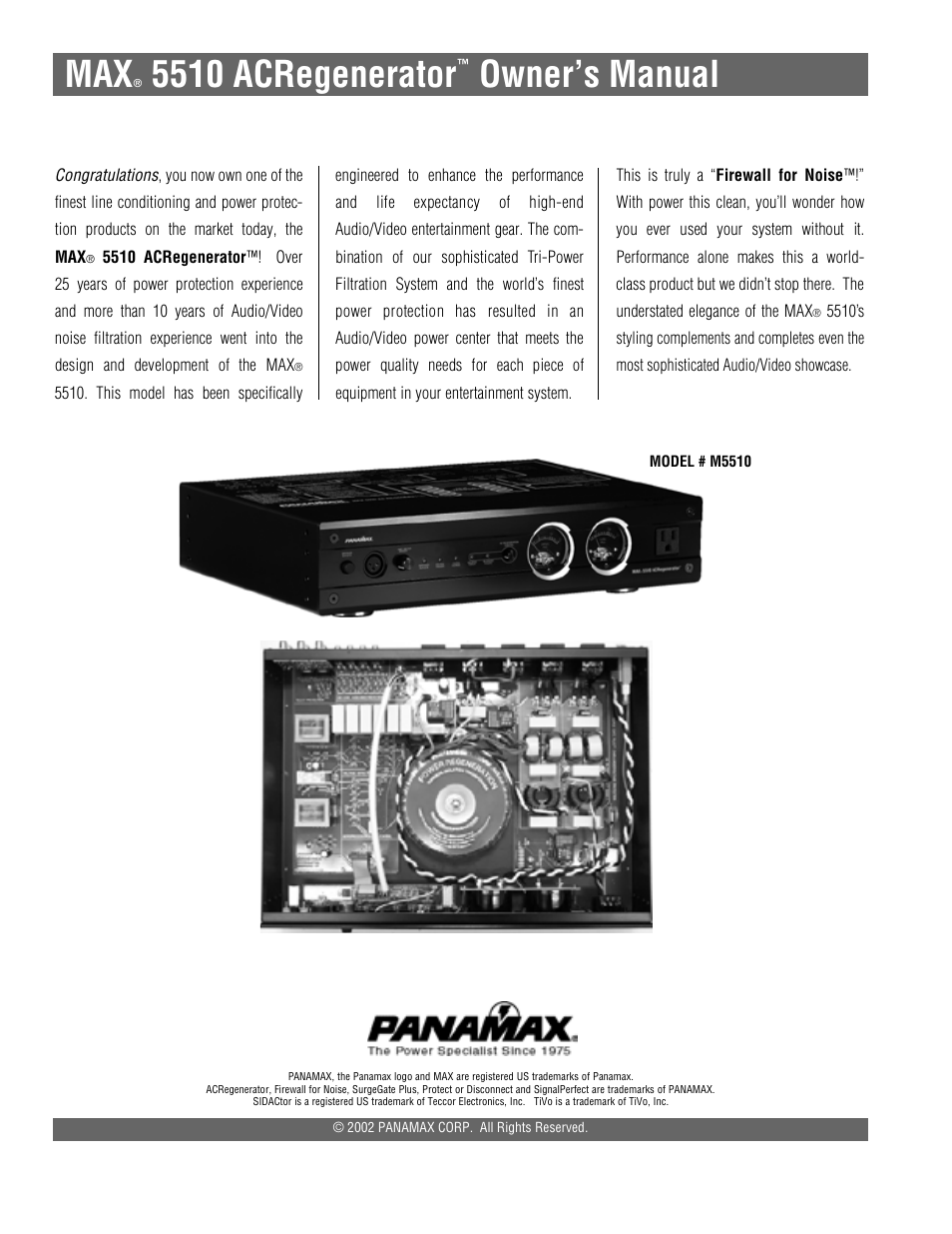 5510 acregenerator, Owner’s manual | Panamax MAX 5510 User Manual | Page 2 / 15