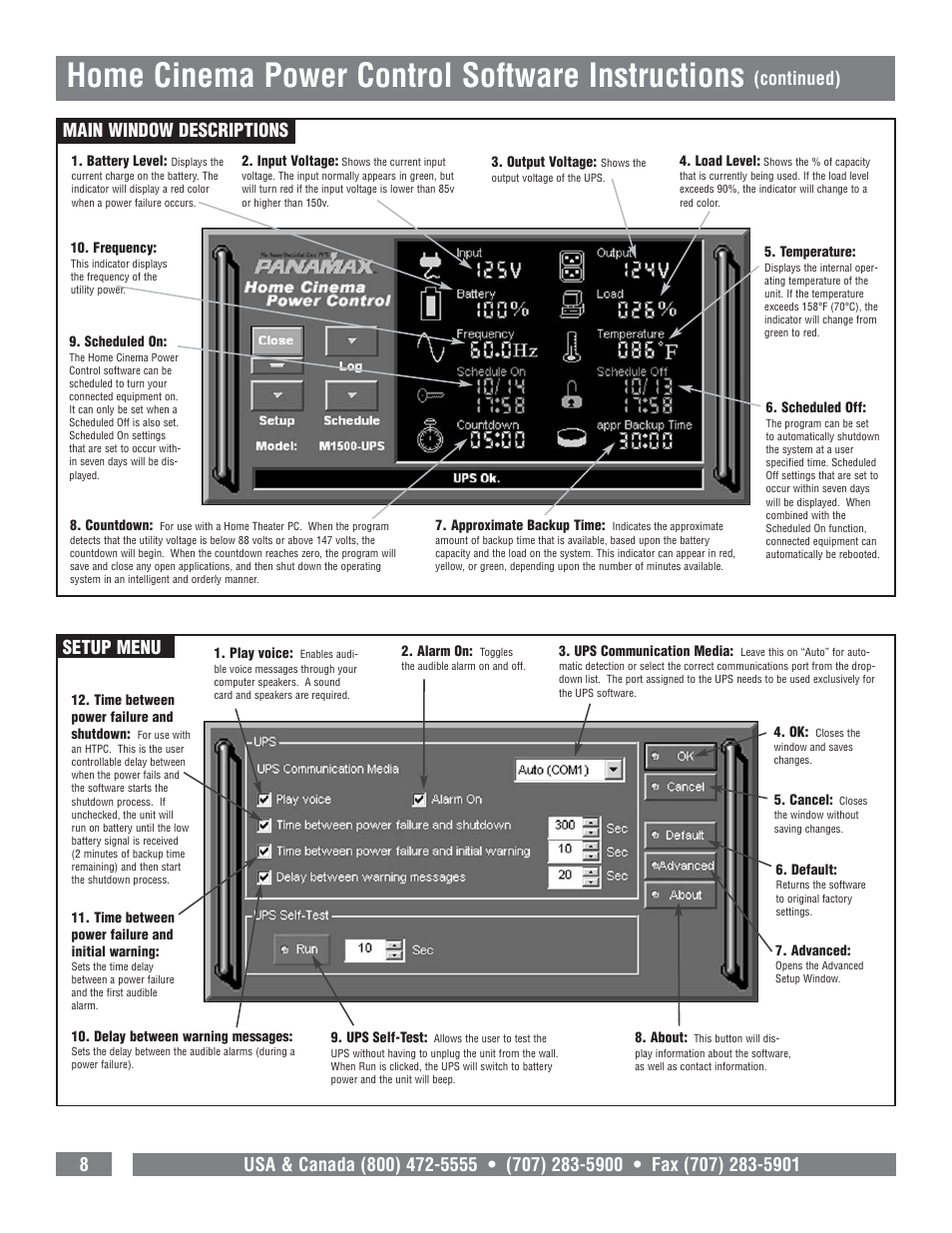 Home cinema power control software instructions, Continued) main window descriptions setup menu | Panamax M1500-UPS User Manual | Page 10 / 20