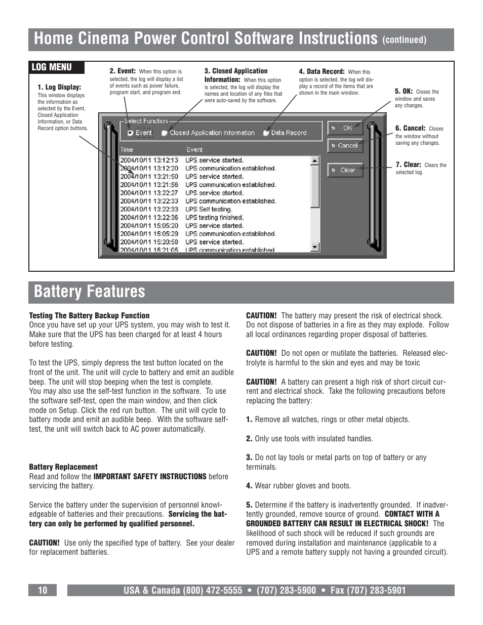 Home cinema power control software instructions, Battery features, Continued) | Log menu | Panamax M1500-UPS User Manual | Page 12 / 20