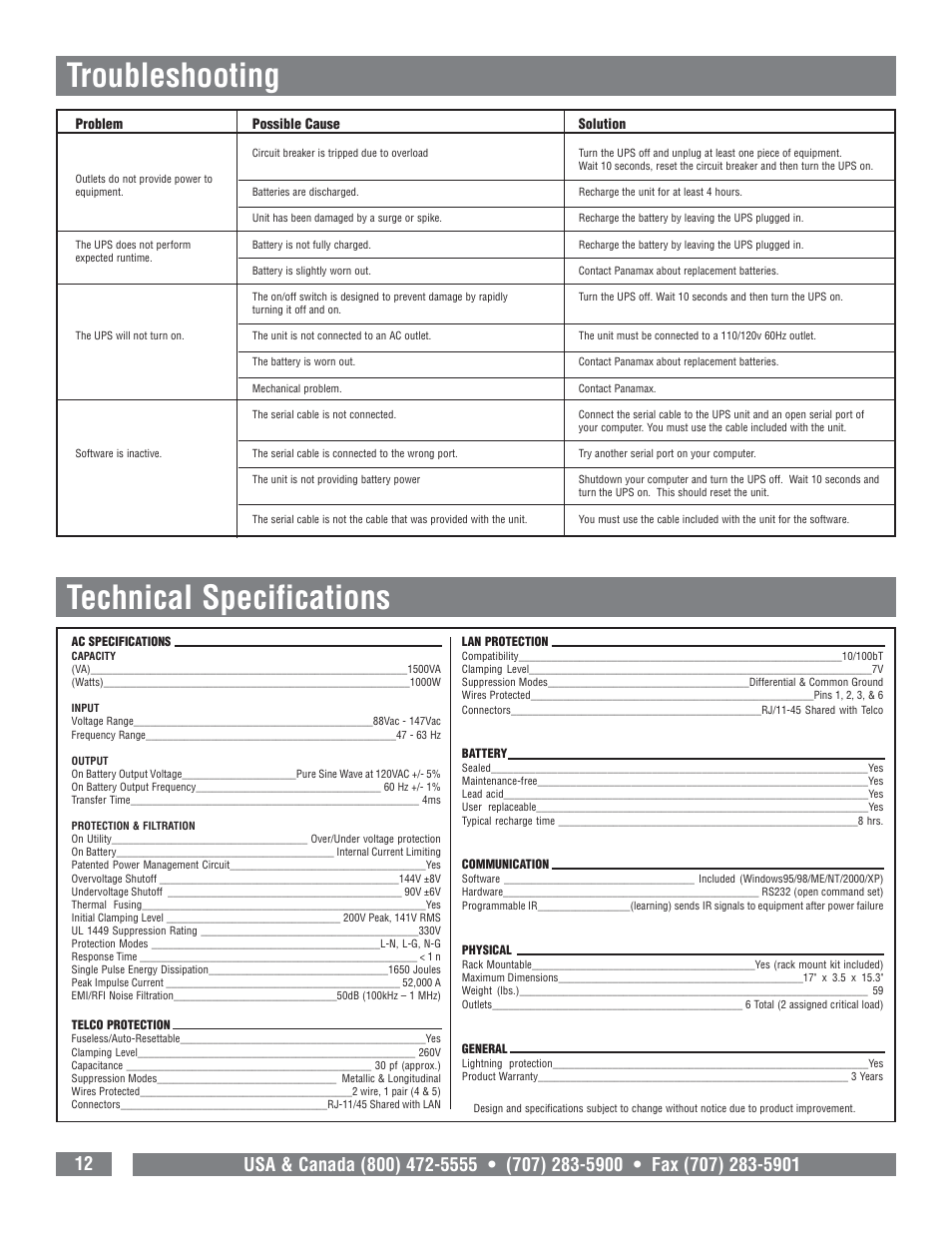 Troubleshooting technical specifications | Panamax M1500-UPS User Manual | Page 14 / 20