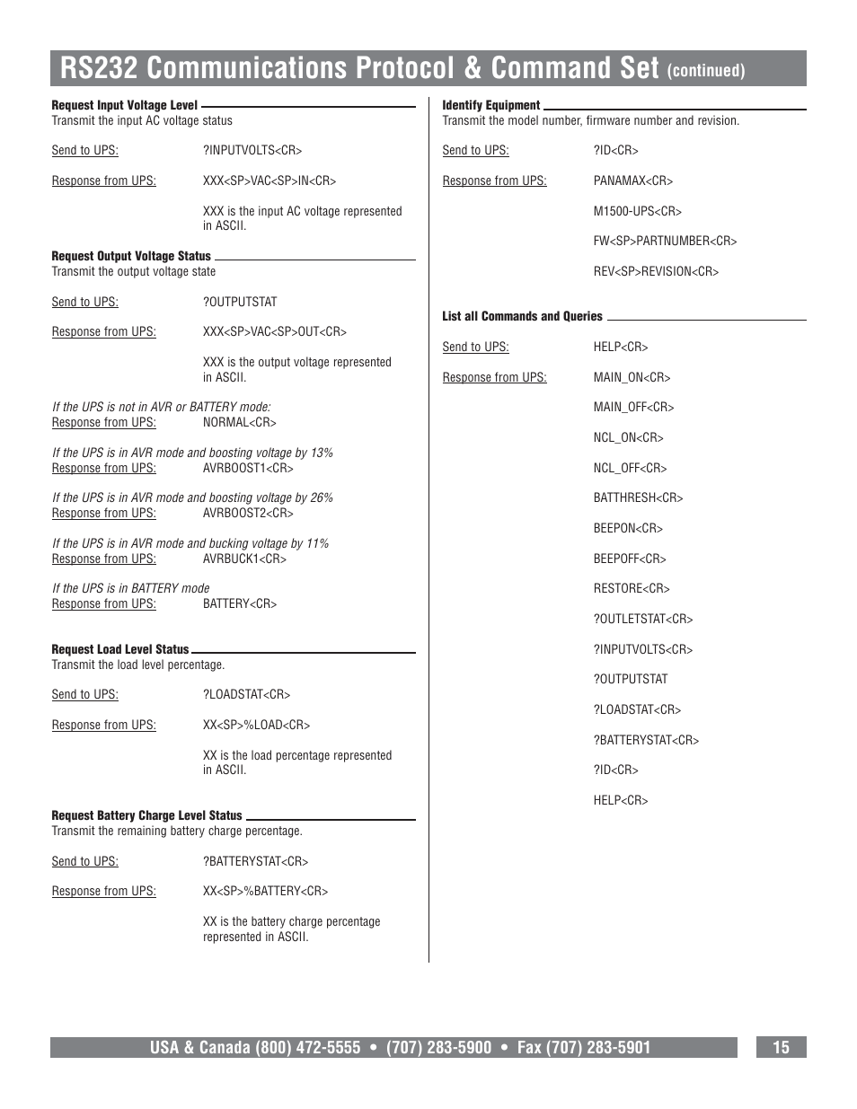 Rs232 communications protocol & command set, Continued) | Panamax M1500-UPS User Manual | Page 17 / 20