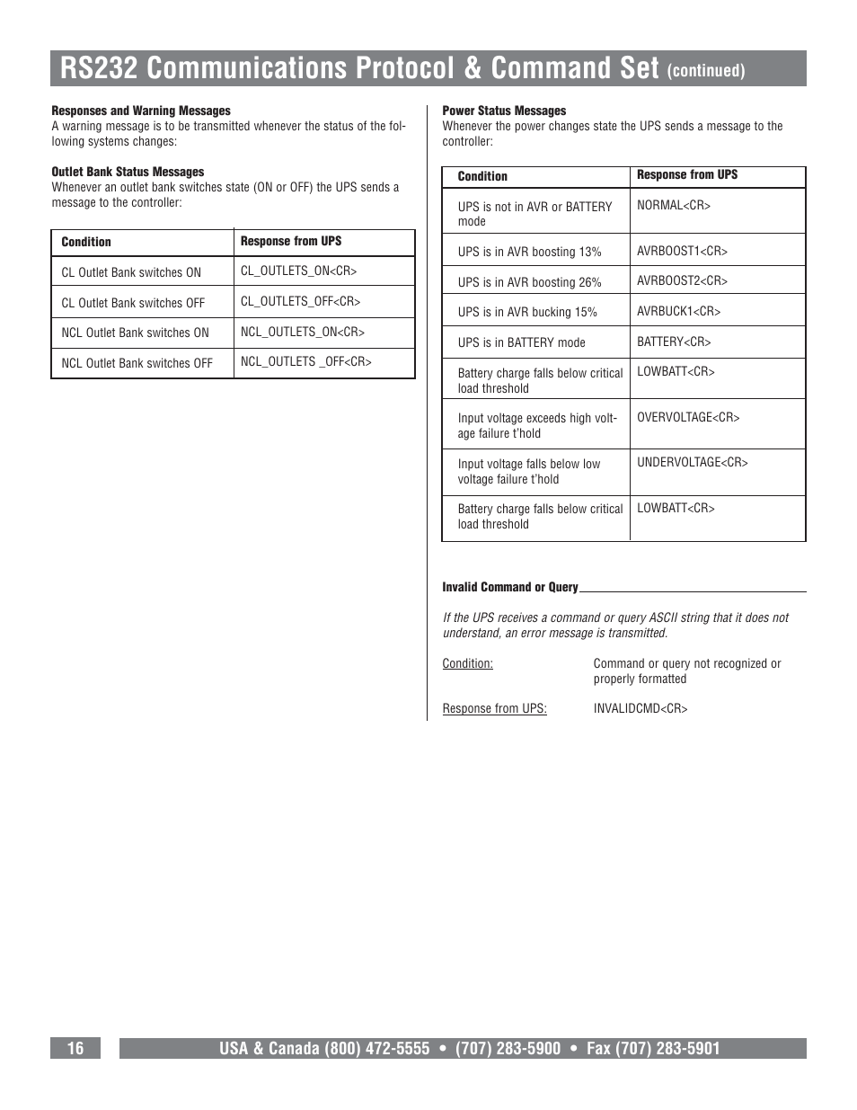 Rs232 communications protocol & command set | Panamax M1500-UPS User Manual | Page 18 / 20