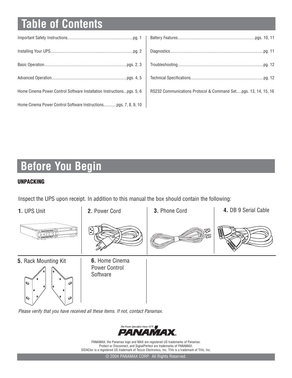 Table of contents before you begin | Panamax M1500-UPS User Manual | Page 2 / 20