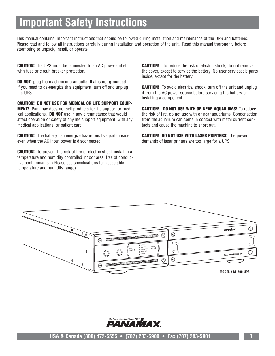 Important safety instructions | Panamax M1500-UPS User Manual | Page 3 / 20