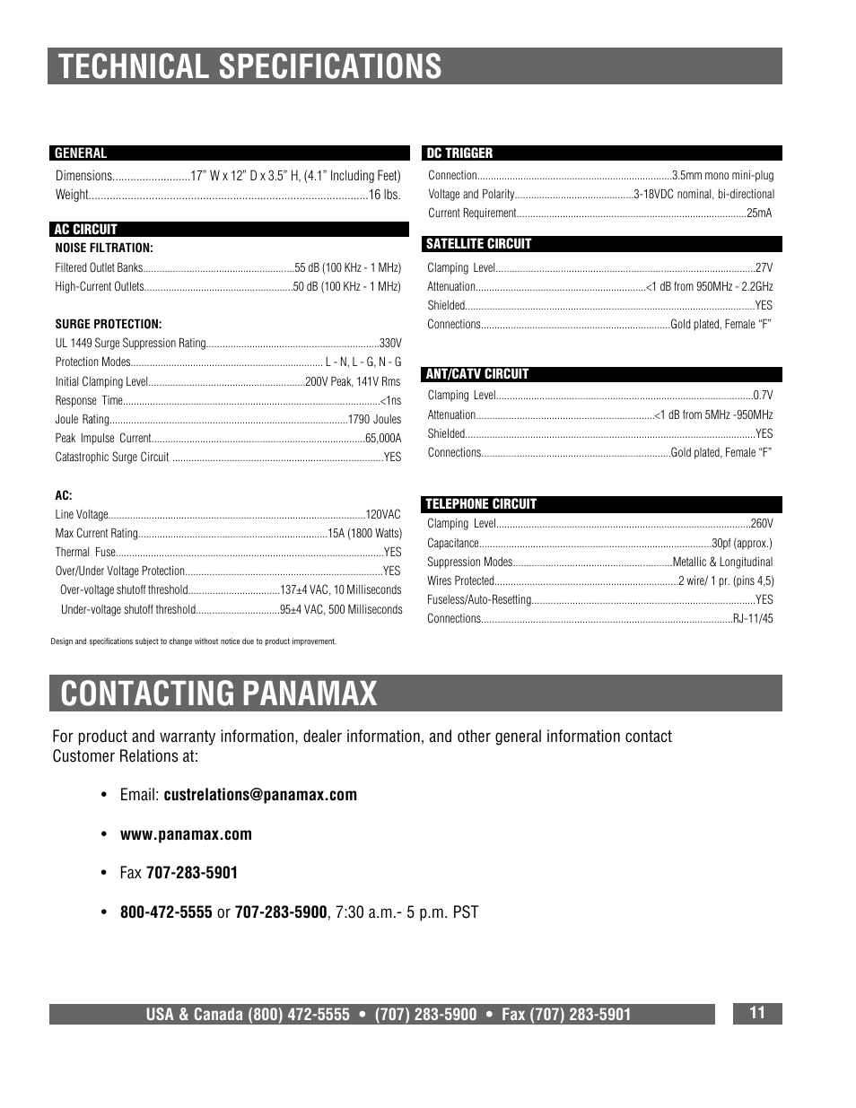 Technical specifications, Contacting panamax | Panamax 5300 User Manual | Page 13 / 14