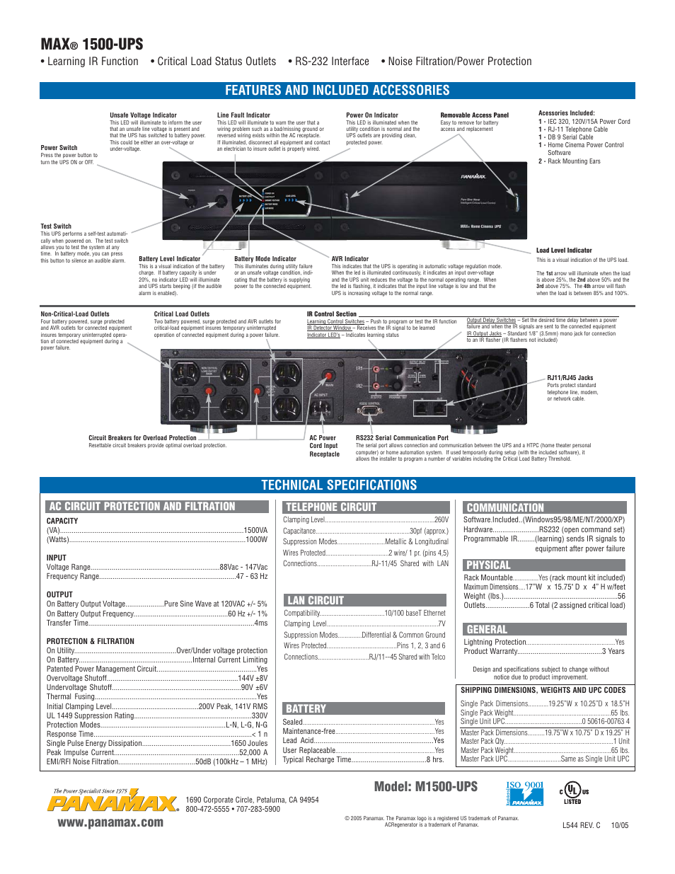 1500-ups, Features and included accessories, Technical specifications | Model: m1500-ups, General, Communication telephone circuit lan circuit, Ac circuit protection and filtration, Battery, Physical | Panamax MAX 1500-UPS User Manual | Page 2 / 2