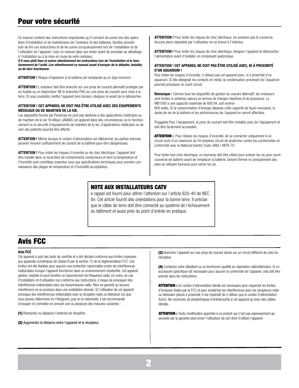 Pour votre sécurité, Avis fcc | Panamax MX5102 User Manual | Page 11 / 24