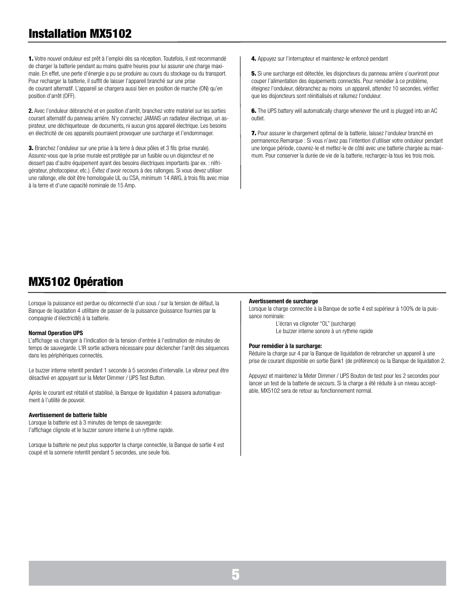 Installation mx5102, Mx5102 opération | Panamax MX5102 User Manual | Page 14 / 24