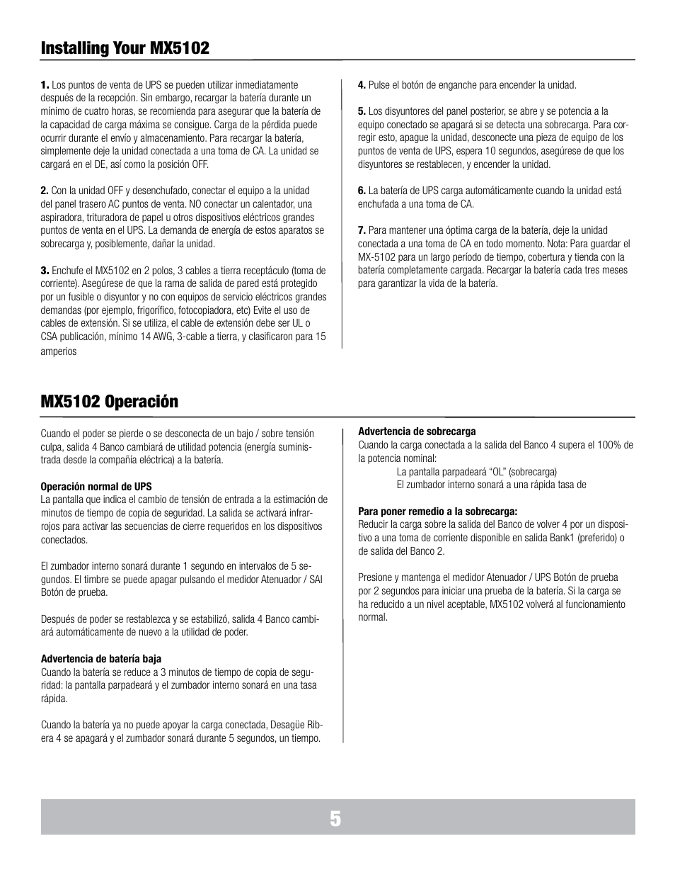 Installing your mx5102, Mx5102 operación | Panamax MX5102 User Manual | Page 22 / 24