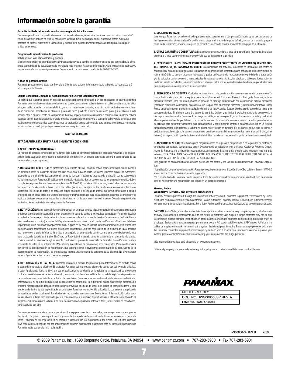 Información sobre la garantía | Panamax MX5102 User Manual | Page 24 / 24