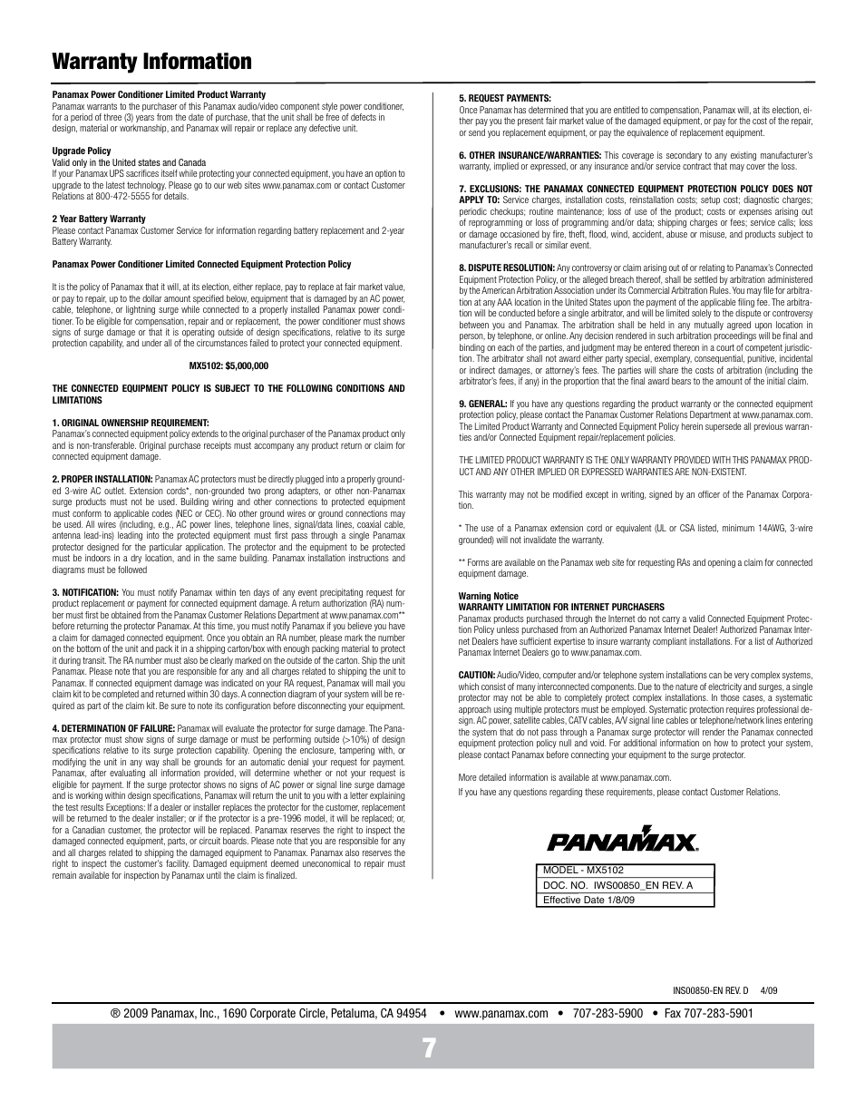 Warranty information | Panamax MX5102 User Manual | Page 8 / 24