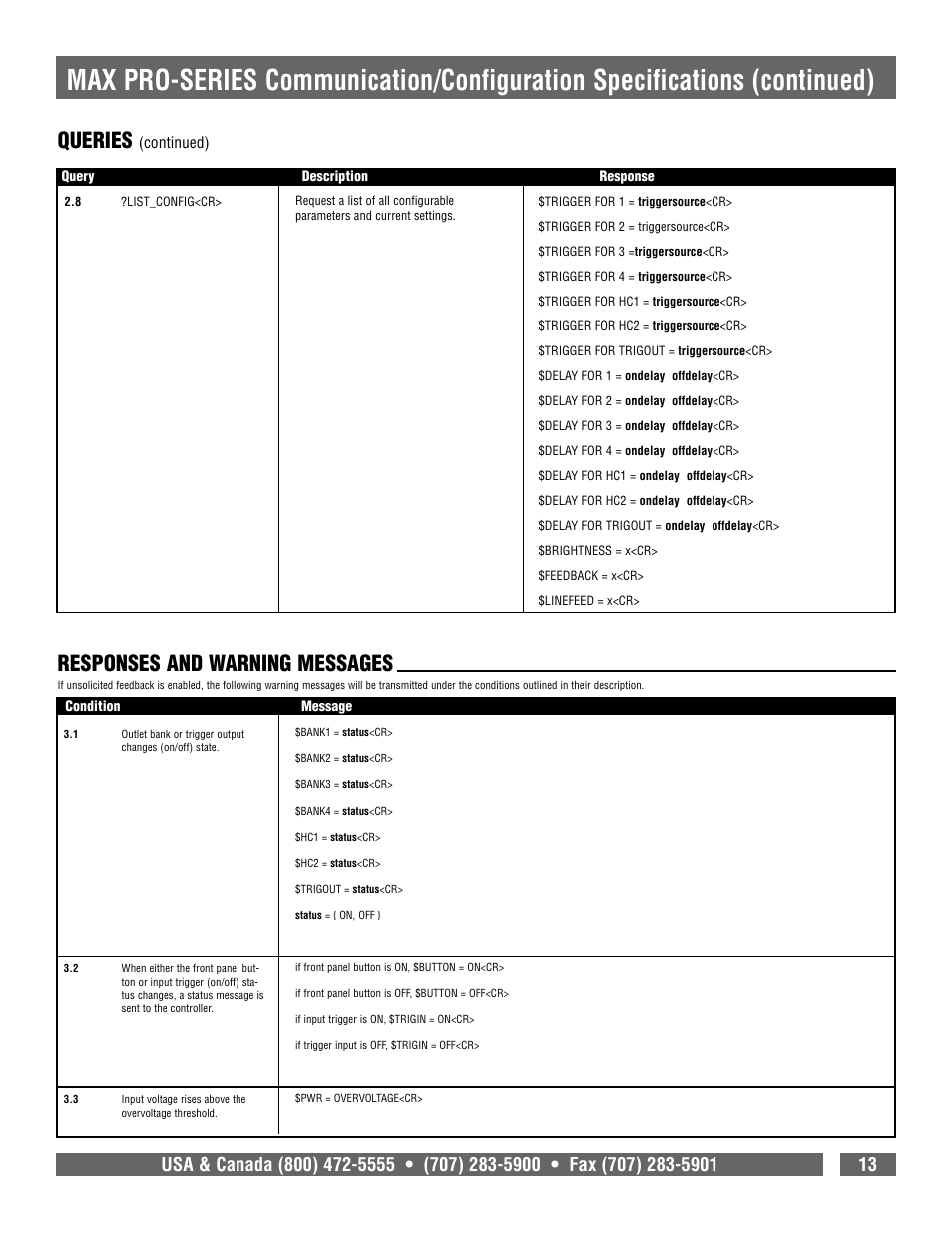 Queries, Responses and warning messages | Panamax 7500-PRO User Manual | Page 15 / 17