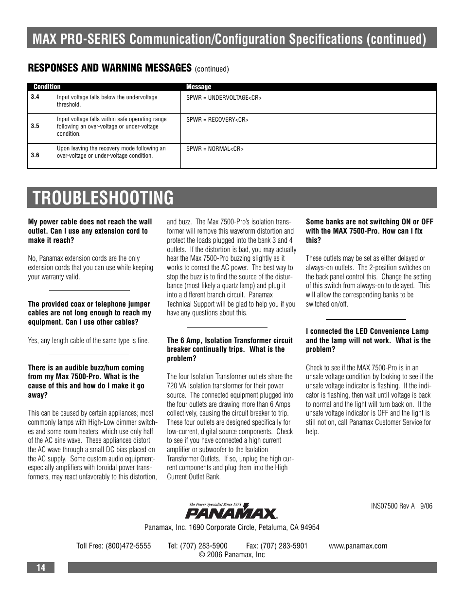 Troubleshooting, Responses and warning messages | Panamax 7500-PRO User Manual | Page 16 / 17
