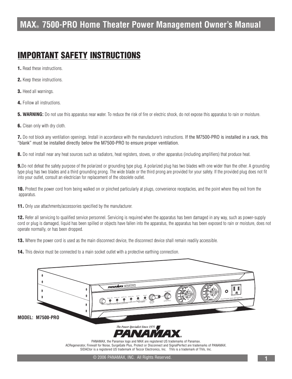 Important safety instructions, Model: m7500-pro | Panamax 7500-PRO User Manual | Page 3 / 17