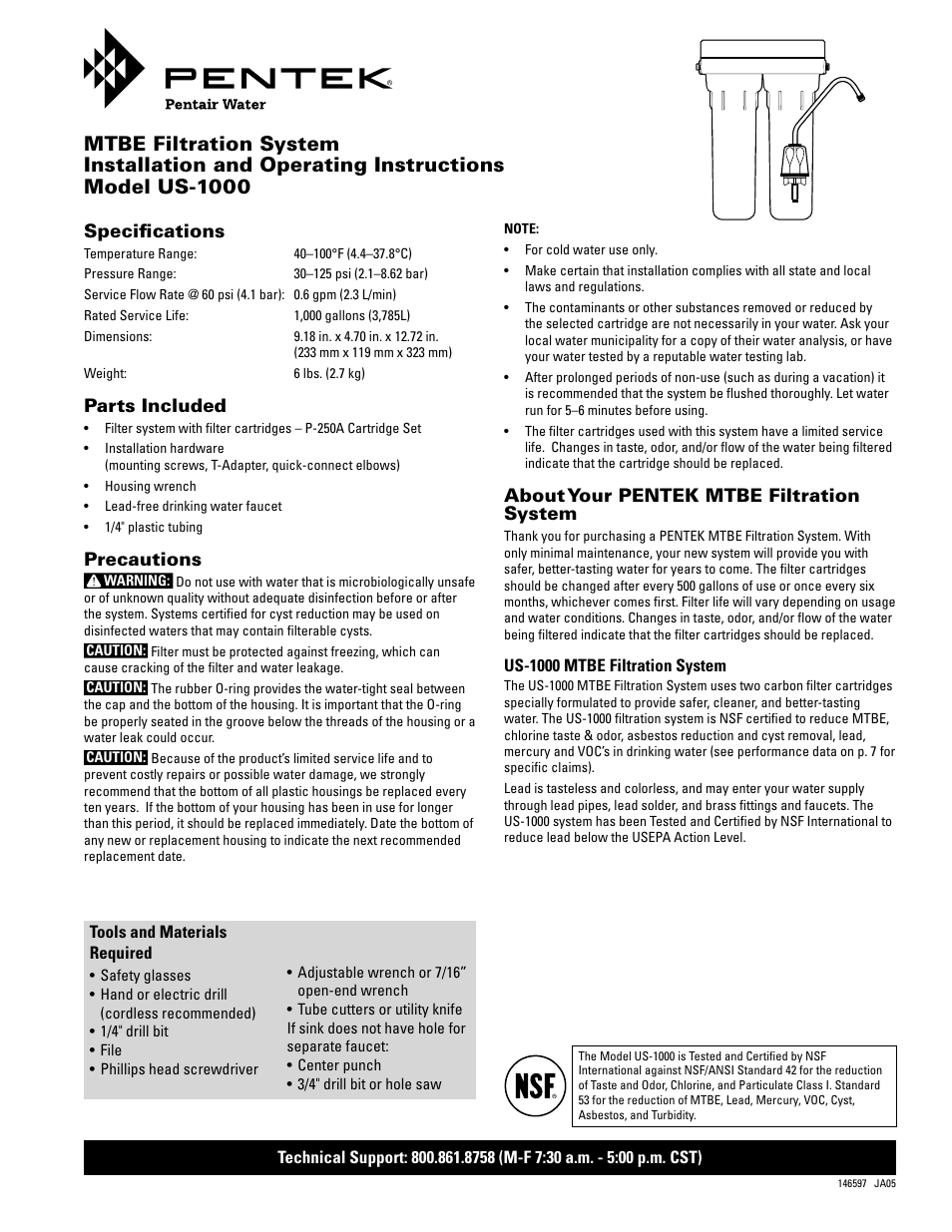 Pentek NSF US-1000 User Manual | 8 pages