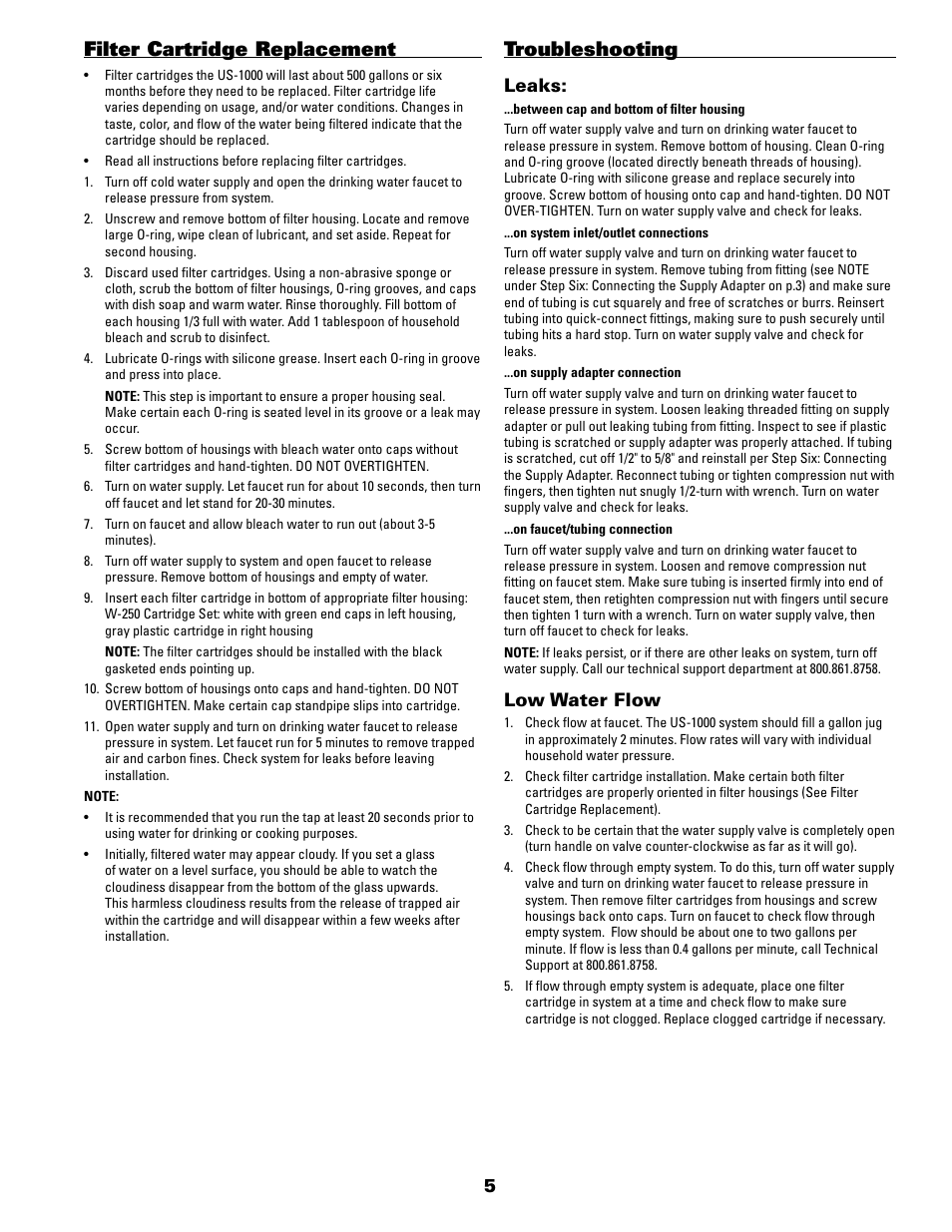 Filter cartridge replacement, Troubleshooting, Leaks | Low water flow | Pentek NSF US-1000 User Manual | Page 5 / 8