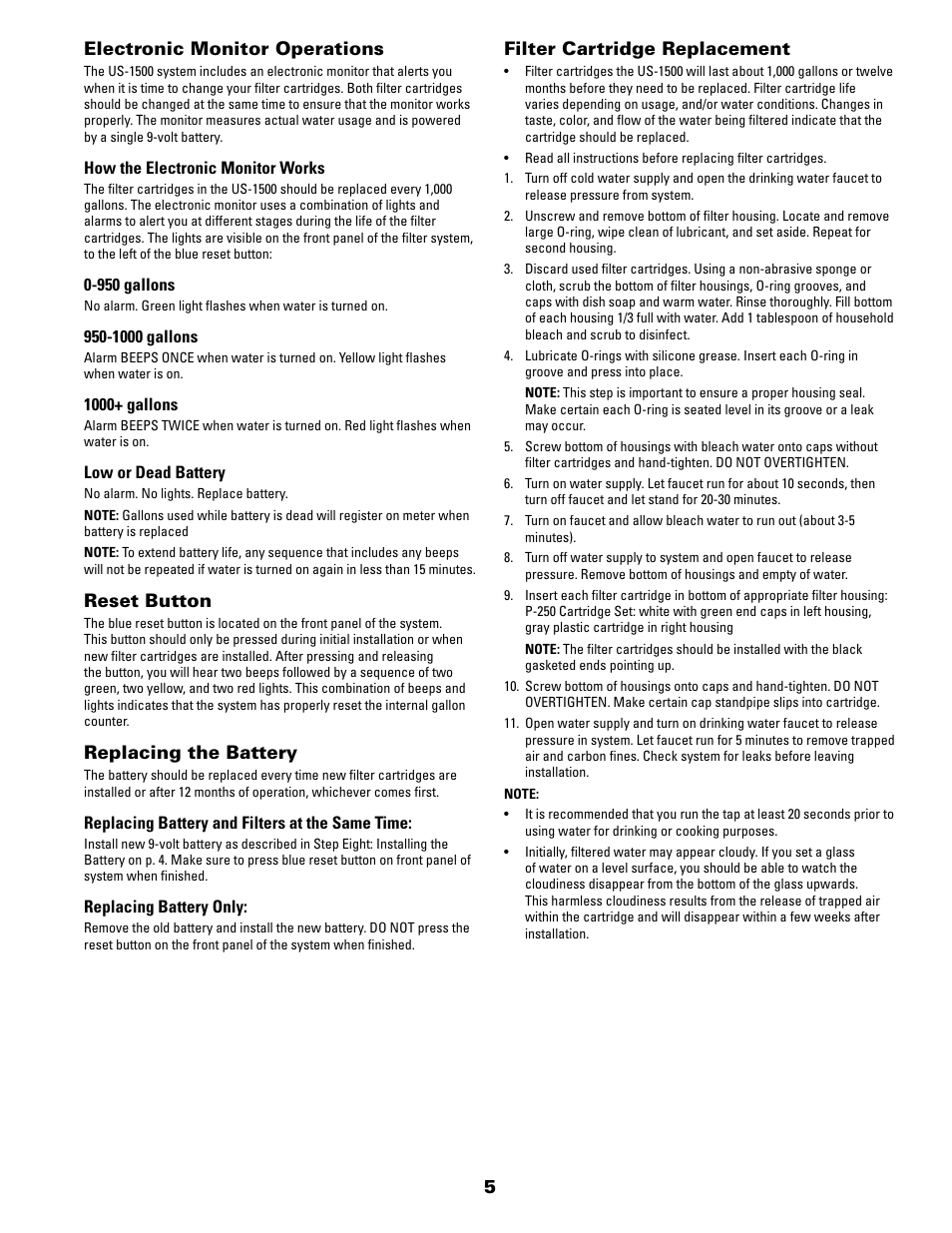 Electronic monitor operations, Reset button, Replacing the battery | Filter cartridge replacement | Pentek US-1500 User Manual | Page 5 / 8