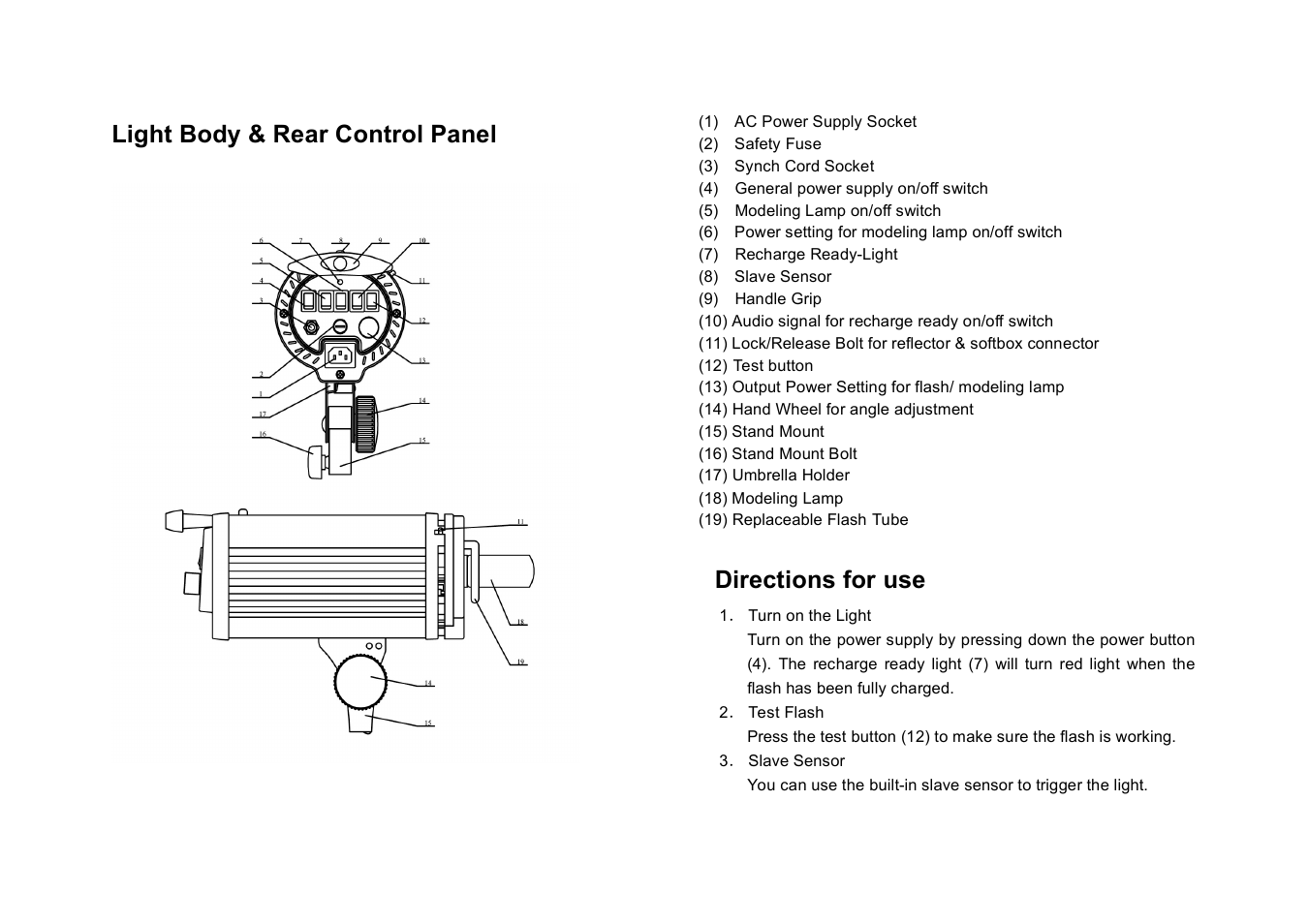 Light body & rear control panel, Directions for use | ProMaster 300C User Manual | Page 3 / 4