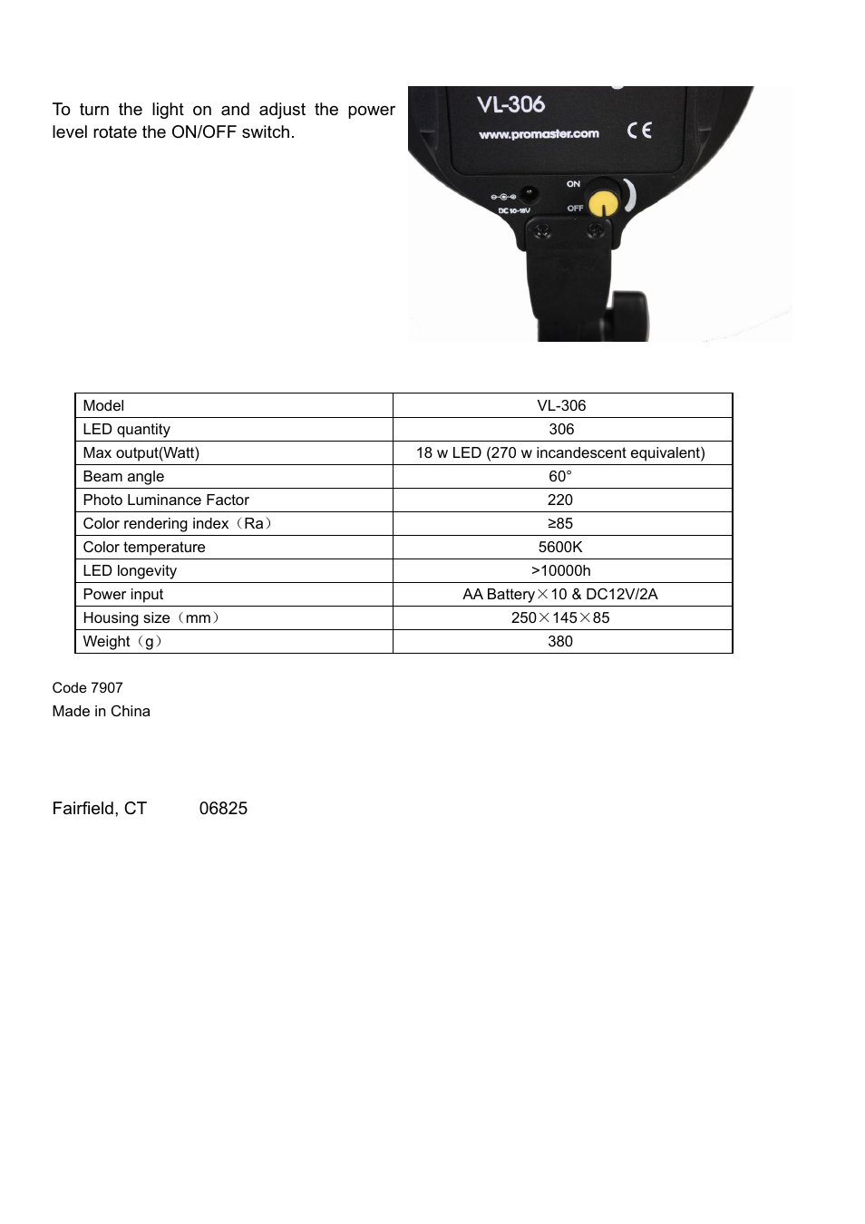 Adjusting the output, Specifications | ProMaster LED STUDIO VL306 User Manual | Page 2 / 2