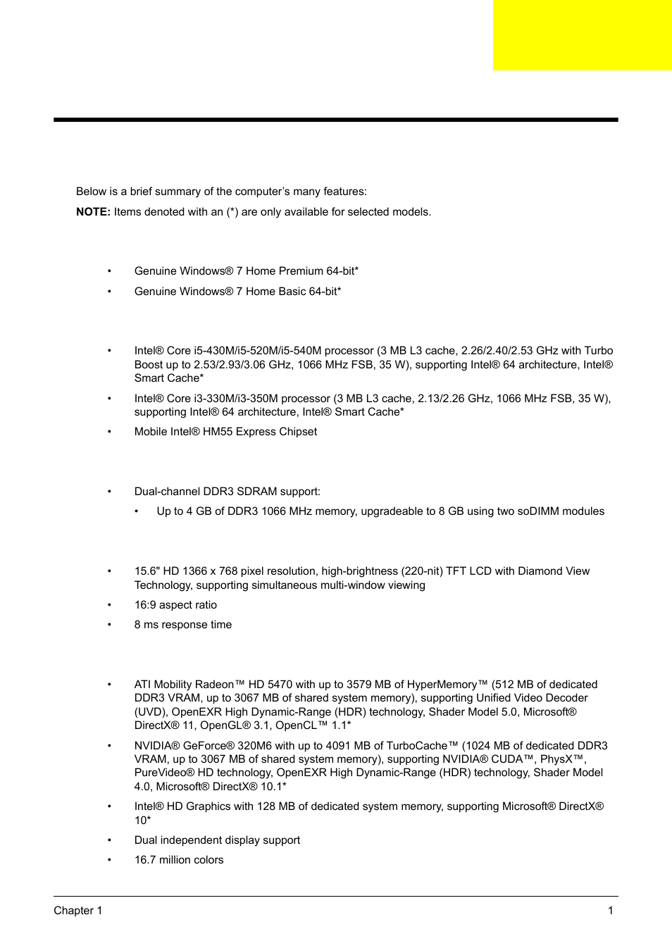 System specifications, Features, Chapter 1 | Operating system, Platform, Display, Graphics | PACKARD BELL TM87 User Manual | Page 11 / 216