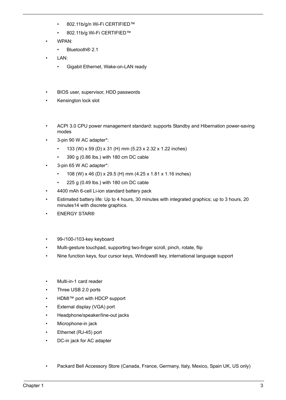 Privacy control, Power subsystem, Special keys and controls | I/o interface, Software | PACKARD BELL TM87 User Manual | Page 13 / 216