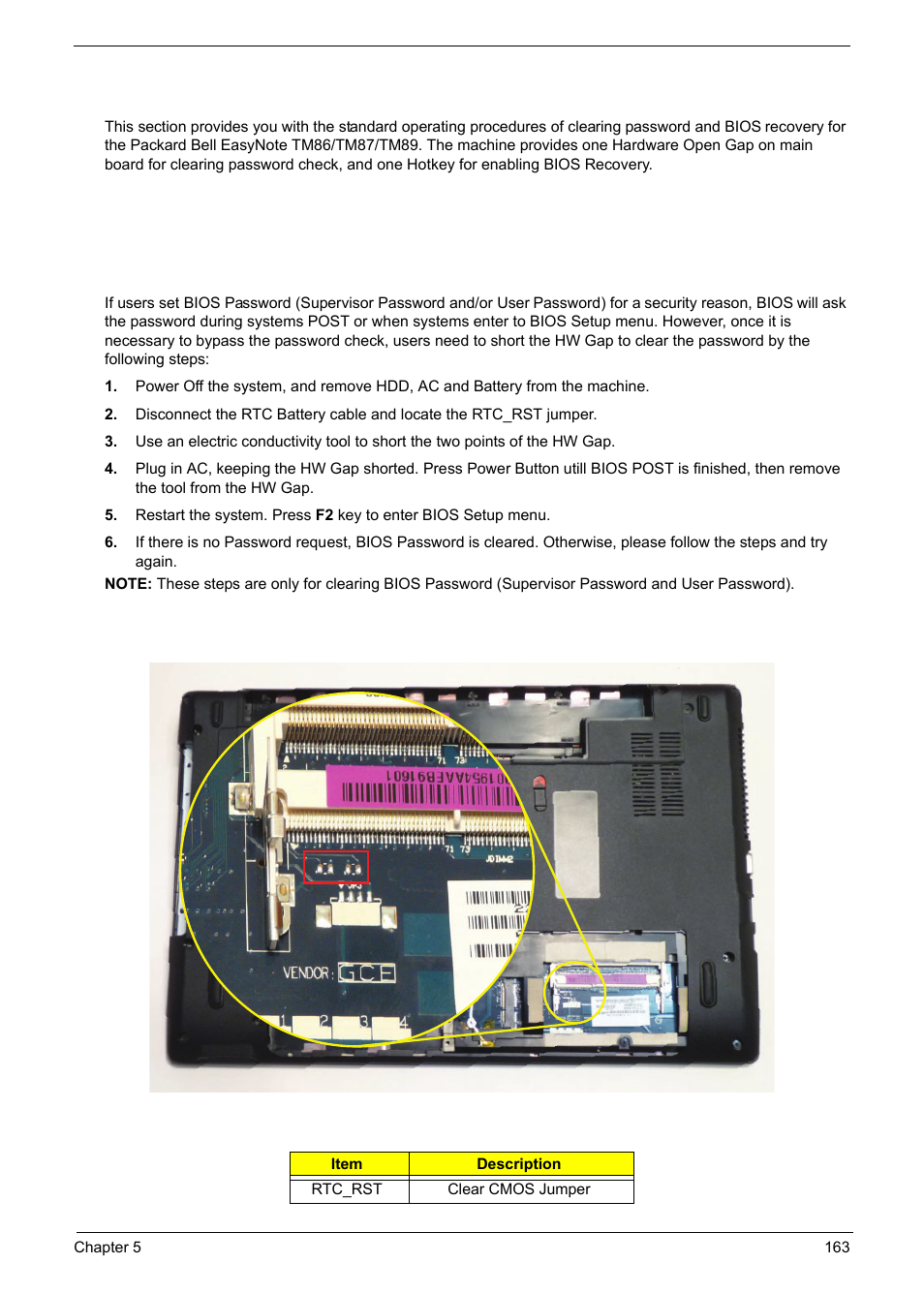 Clearing password check and bios recovery, Clearing password check, Clear cmos jumper | Steps for clearing bios password check | PACKARD BELL TM87 User Manual | Page 173 / 216