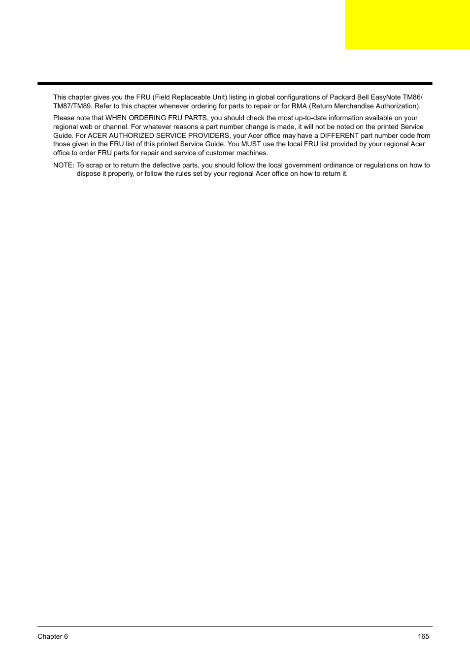 Fru (field replaceable unit) list, Chapter 6 | PACKARD BELL TM87 User Manual | Page 175 / 216