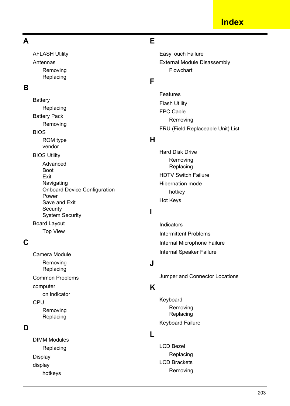 Index, Index 203 | PACKARD BELL TM87 User Manual | Page 213 / 216